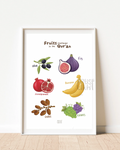 Minimalist Islamic art print for kids featuring Quranic fruits like dates, pomegranates, and olives in warm pastel colors.